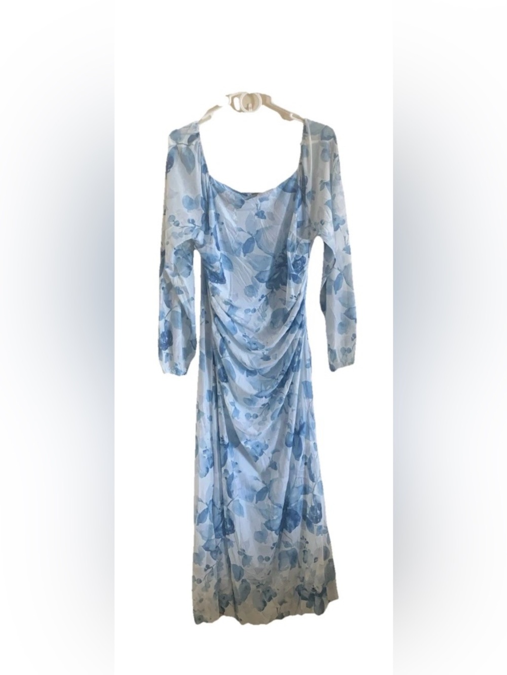 Blue Floral Long Sleeve Draped Maxi Dress